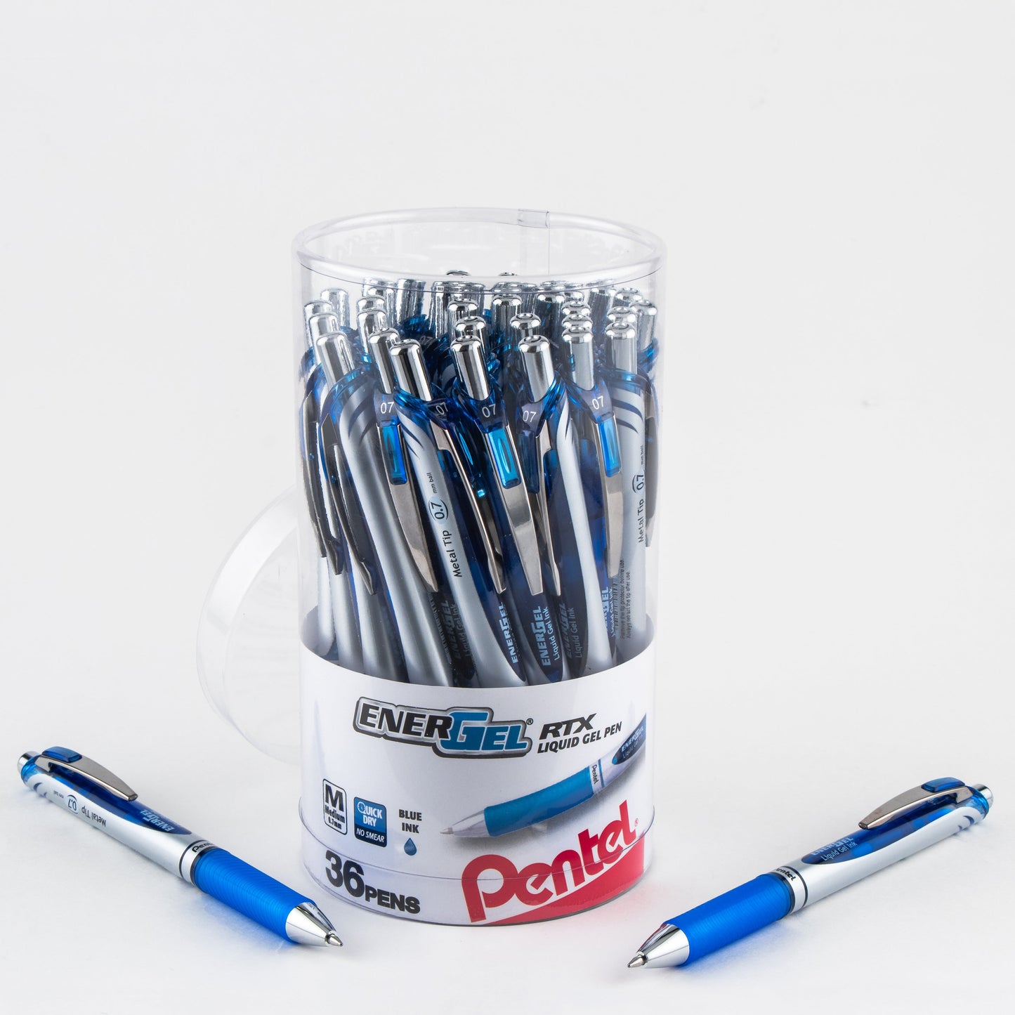 EnerGel RTX Retractable Liquid Gel Pen, (0.7mm) Metal Tip, Medium Line, Canister Blue Ink 36pk (BL77PC36C)