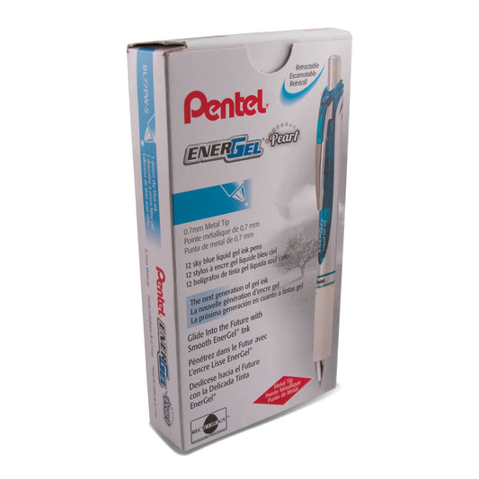 EnerGel Pearl Retractable Liquid Gel Pen, (0.7mm) Metal Tip, Medium Line, Sky Blue Accent, Sky Blue Ink (BL77PW-S)