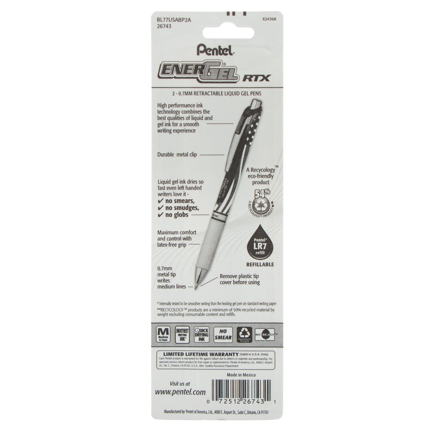 Pentel EnerGel RTX Retractable Liquid Gel Pen, Flag Barrel, (0.7mm) Metal Tip, Medium Line, Black Ink, 2-Pk (BL77USABP2A), 144 Each