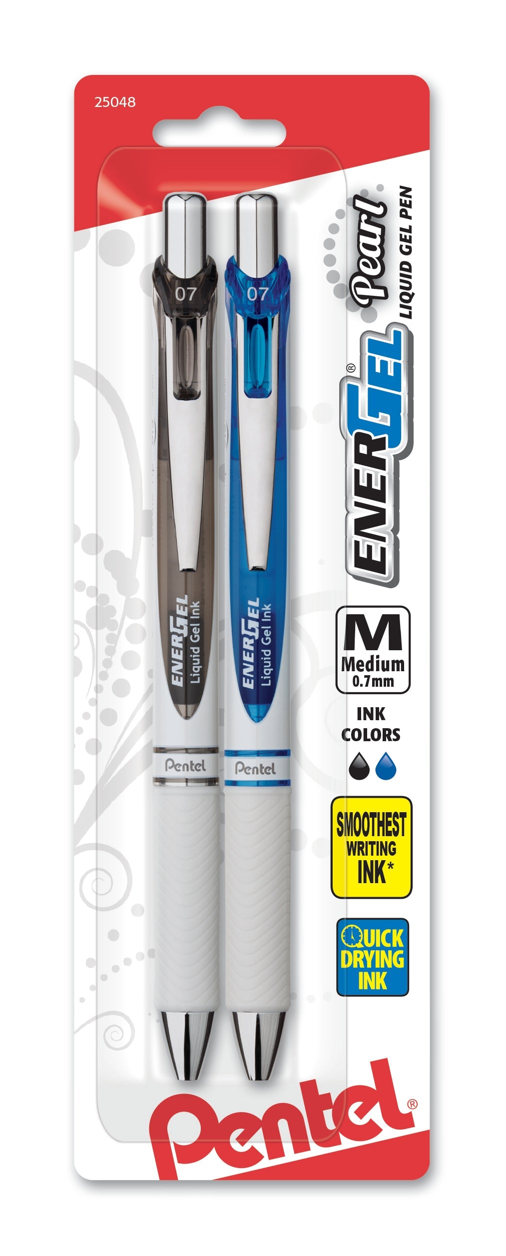 EnerGel Pearl Retractable Liquid Gel Pen, (0.7mm) Metal Tip, Medium Line, Black Ink/Blue Ink 2-Pk (BL77WBP2AC)