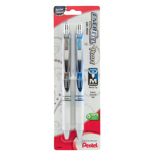 EnerGel Pearl Retractable Liquid Gel Pen, (0.7mm) Metal Tip, Medium Line, Black Ink/Blue Ink 2-Pk (BL77WBP2AC)