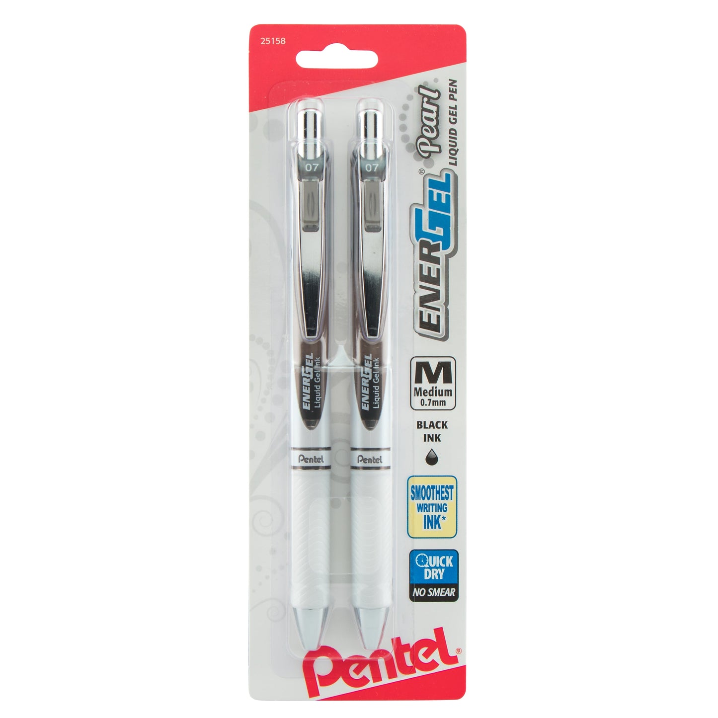 EnerGel Pearl Retractable Liquid Gel Pen, (0.7mm) Metal Tip, Medium Line, Black Accent, Black Ink 2-Pk (BL77WBP2A)