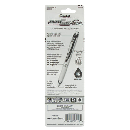 EnerGel Pearl Retractable Liquid Gel Pen, (0.7mm) Metal Tip, Medium Line, Black Accent, Black Ink 2-Pk (BL77WBP2A)
