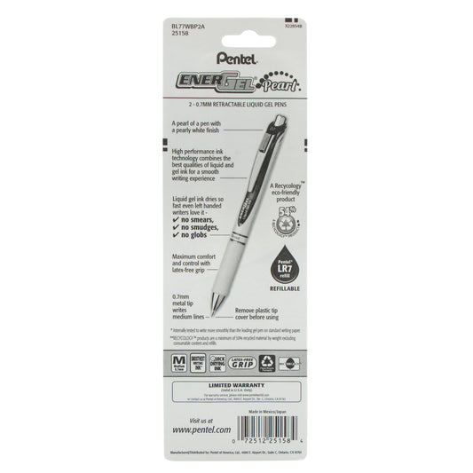 EnerGel Pearl Retractable Liquid Gel Pen, (0.7mm) Metal Tip, Medium Line, Black Accent, Black Ink 2-Pk (BL77WBP2A)