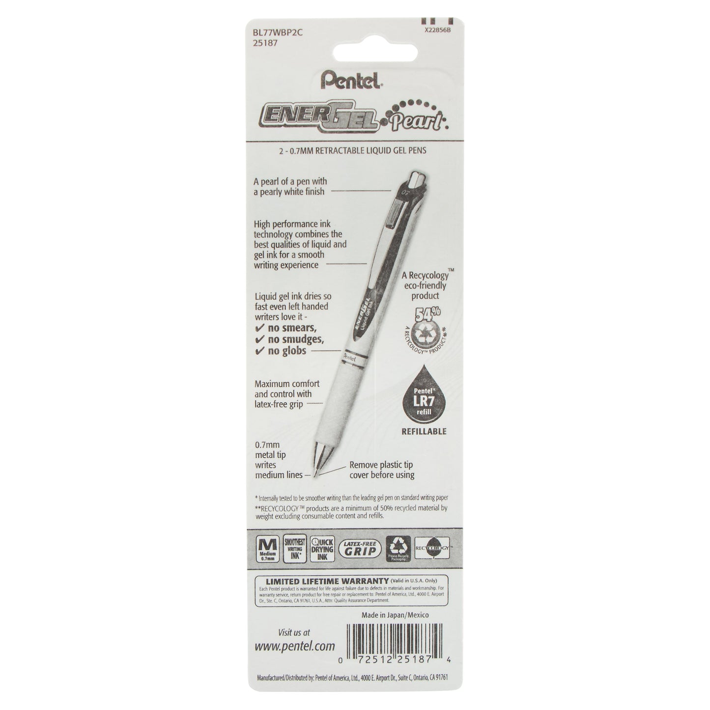 EnerGel Pearl Retractable Liquid Gel Pen, (0.7mm) Metal Tip, Medium Line, Blue Accent, Blue Ink 2-Pk (BL77WBP2C)