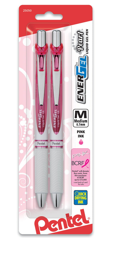 PINK BCA EnerGel Pearl Retractable Liquid Gel Pen, (0.7mm) Metal Tip, Medium Line, Pink Accent, Pink Ink 2-Pk (BL77WBP2PP)