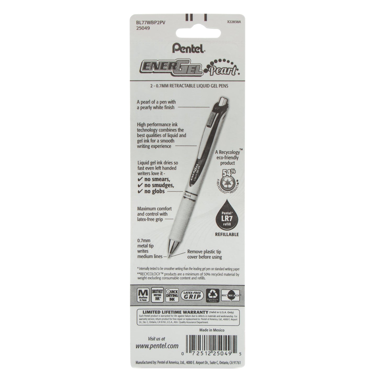 EnerGel Pearl Retractable Liquid Gel Pen, (0.7mm) Metal Tip, Medium Line, Pink Ink/Violet Ink 2-Pk (BL77WBP2PV)