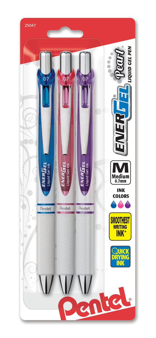 Pentel EnerGel Pearl Retractable Liquid Gel Pen, (0.7mm) Metal Tip, Medium Line,, Assorted Ink (C/P/V), 3-Pk (BL77WBP3M1)