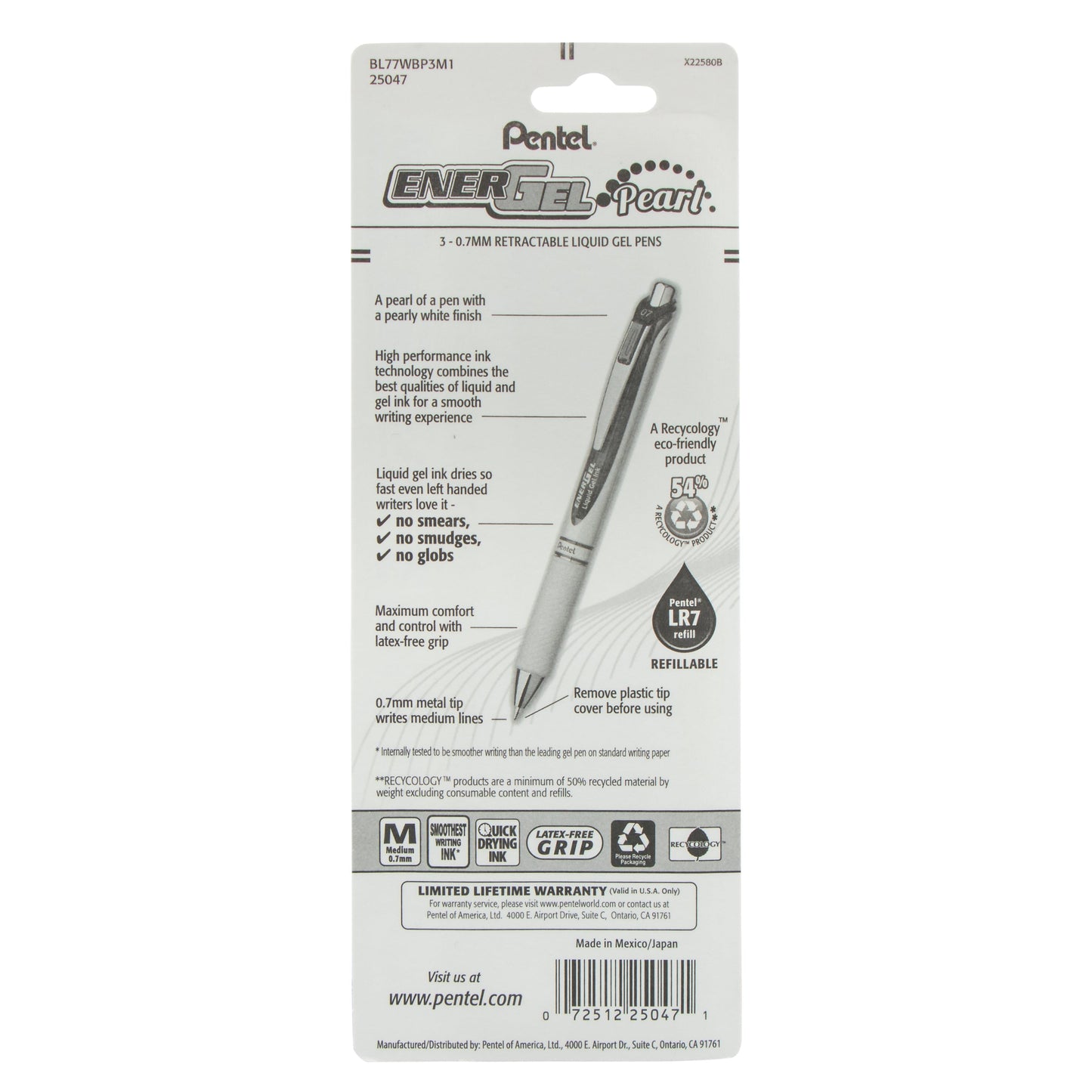 Pentel EnerGel Pearl Retractable Liquid Gel Pen, (0.7mm) Metal Tip, Medium Line,, Assorted Ink (C/P/V), 3-Pk (BL77WBP3M1)