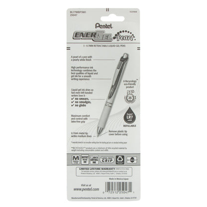 Pentel EnerGel Pearl Retractable Liquid Gel Pen, (0.7mm) Metal Tip, Medium Line,, Assorted Ink (C/P/V), 3-Pk (BL77WBP3M1)