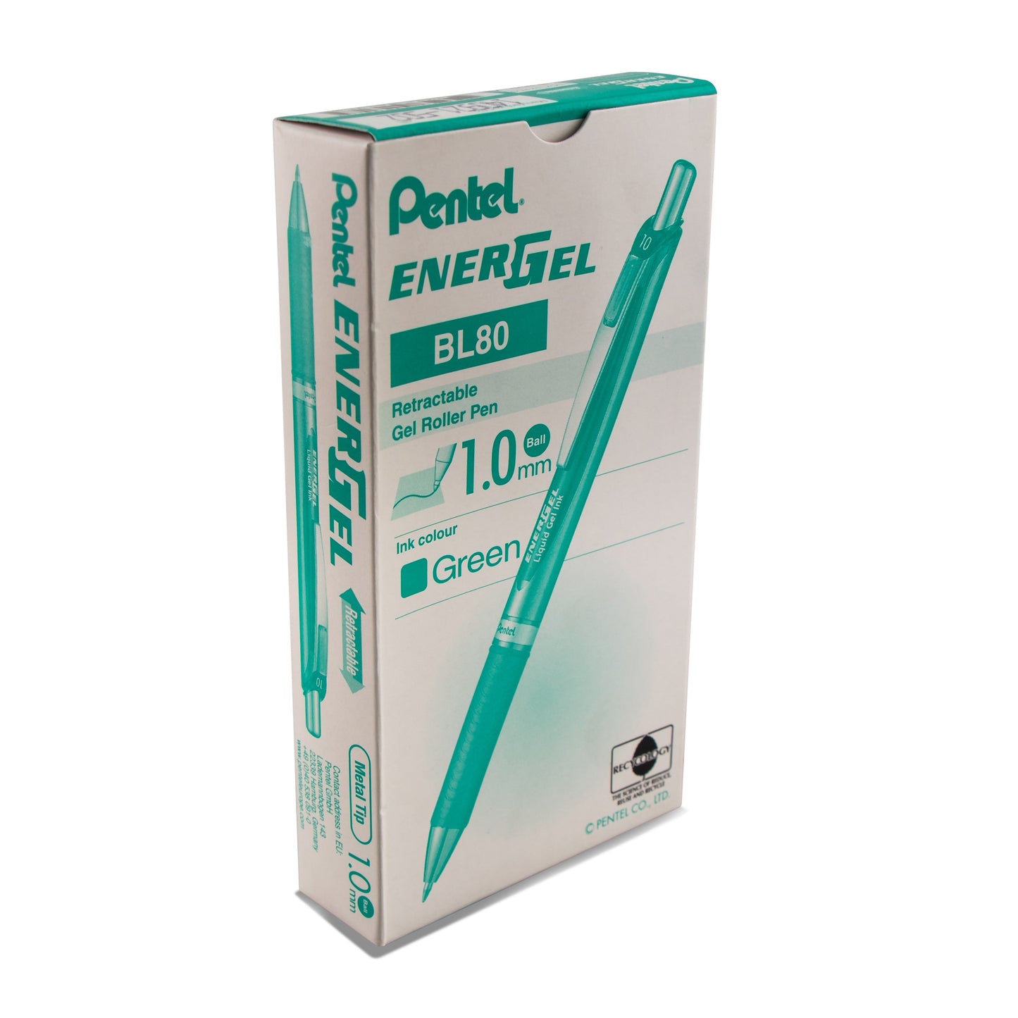 Pentel EnerGel RTX Retractable Liquid Gel Pen, (1.0mm) Metal Tip, Bold Line, Green Ink (BL80-D)