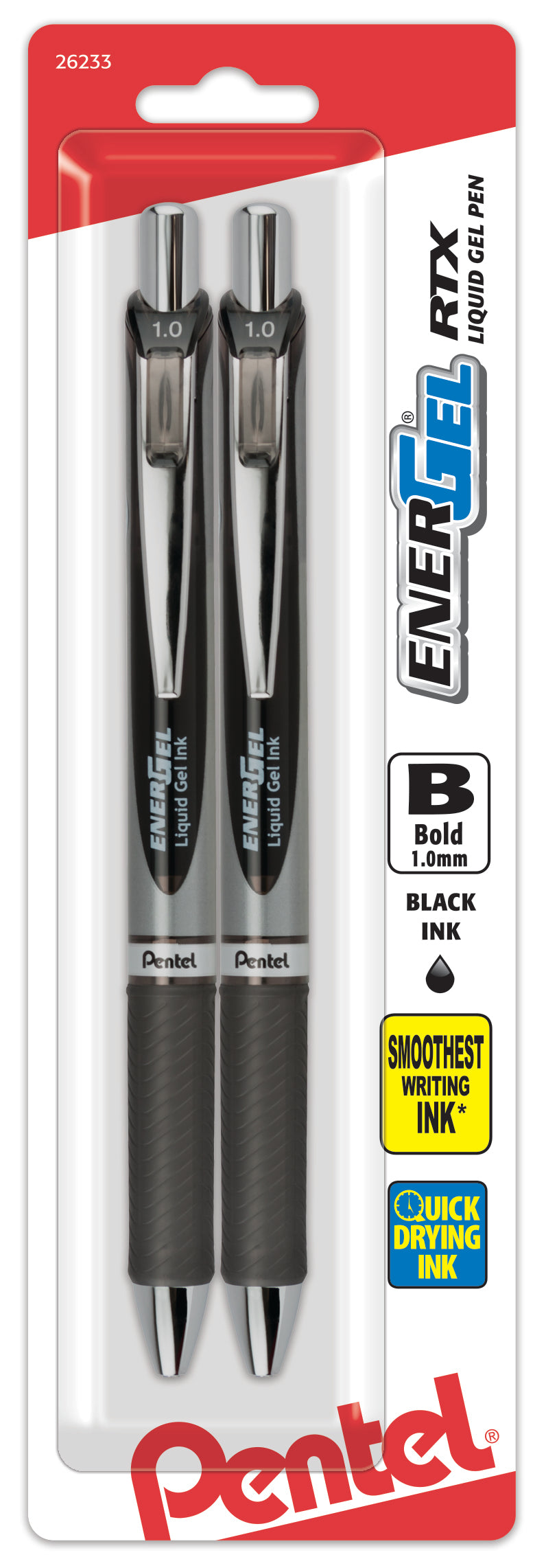 EnerGel RTX Retractable Liquid Gel Pen, (1.0mm) Metal Tip, Bold Line, Black Ink 2-Pk (BL80BP2A)