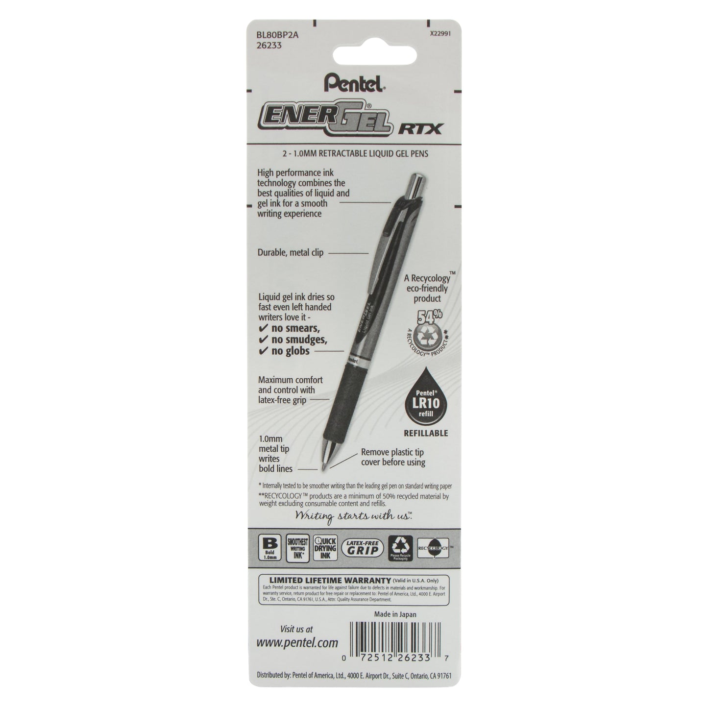EnerGel RTX Retractable Liquid Gel Pen, (1.0mm) Metal Tip, Bold Line, Black Ink 2-Pk (BL80BP2A)