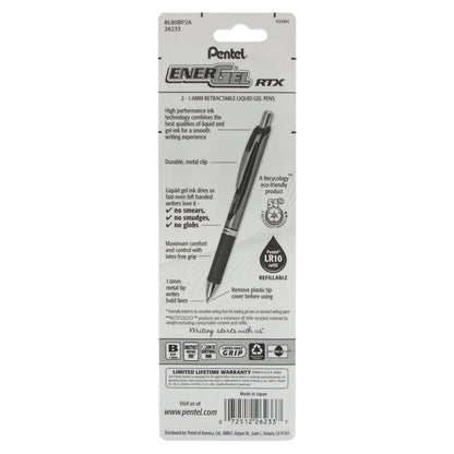 EnerGel RTX Retractable Liquid Gel Pen, (1.0mm) Metal Tip, Bold Line, Black Ink 2-Pk (BL80BP2A)