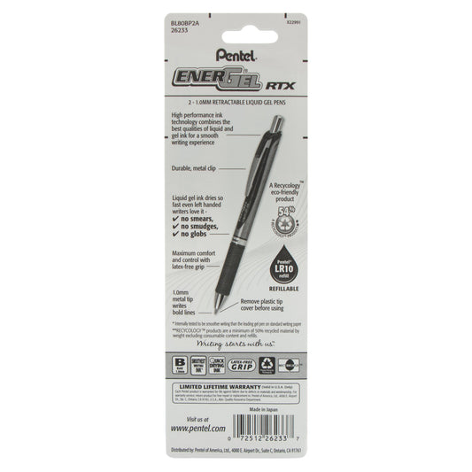 EnerGel RTX Retractable Liquid Gel Pen, (1.0mm) Metal Tip, Bold Line, Black Ink 2-Pk (BL80BP2A)