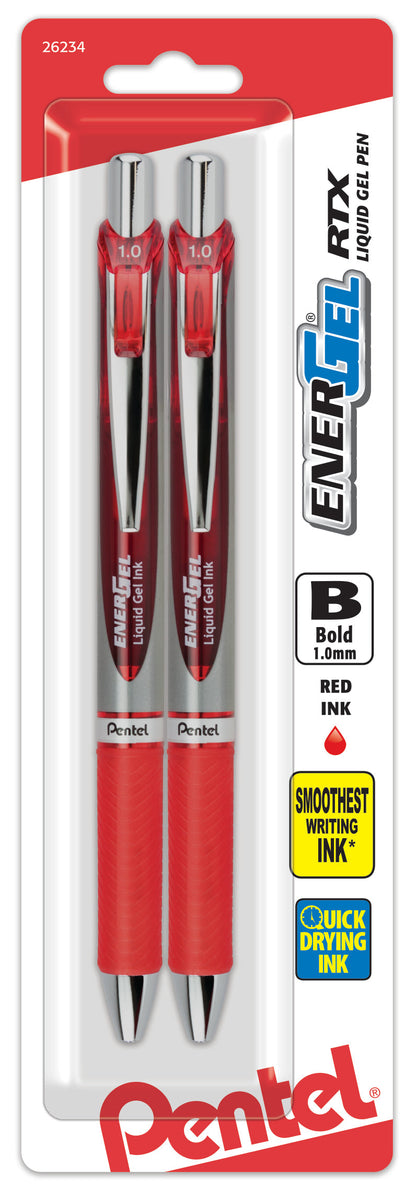 EnerGel RTX Retractable Liquid Gel Pen, (1.0mm) Metal Tip, Bold Line, Red Ink 2-Pk (BL80BP2B)
