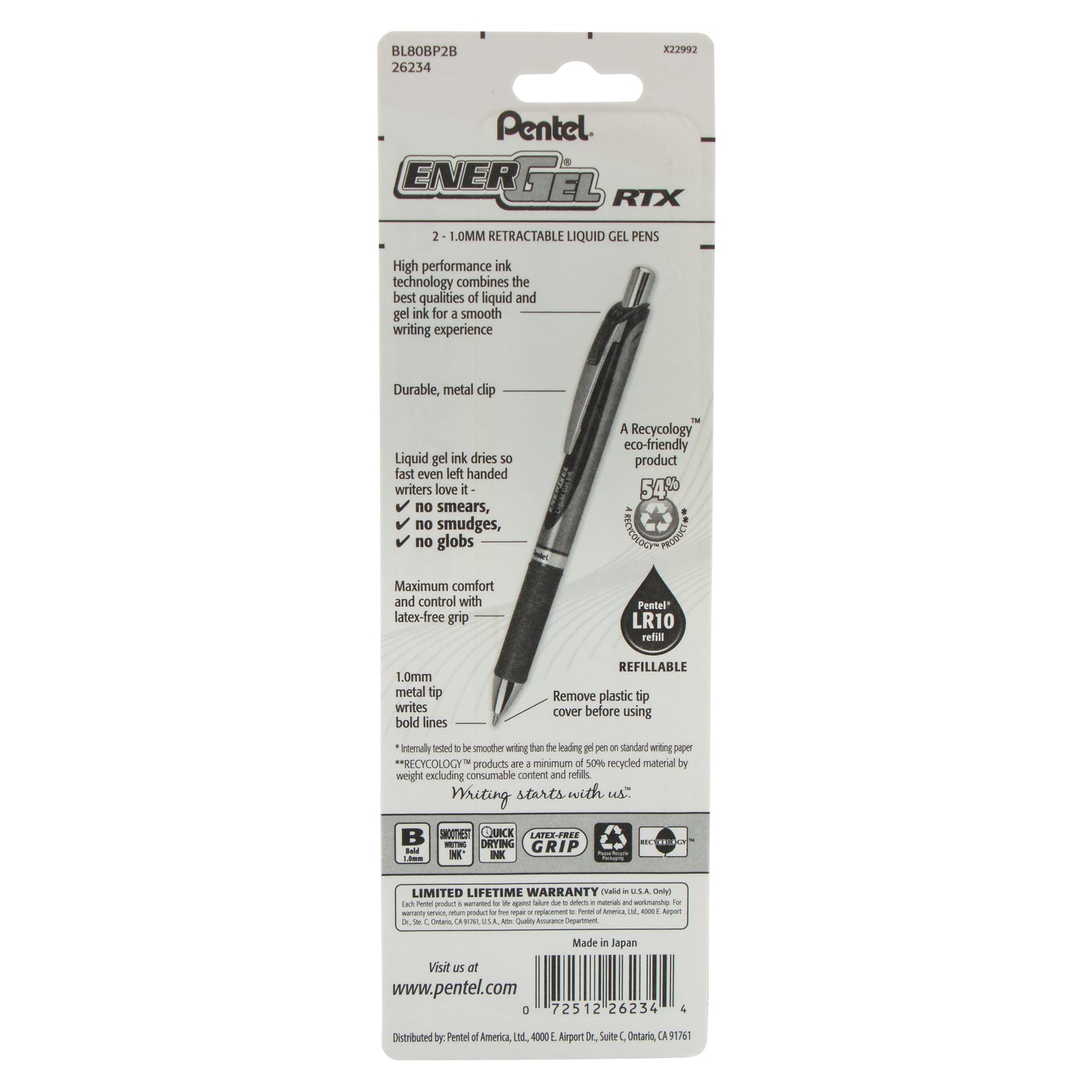 EnerGel RTX Retractable Liquid Gel Pen, (1.0mm) Metal Tip, Bold Line, Red Ink 2-Pk (BL80BP2B)