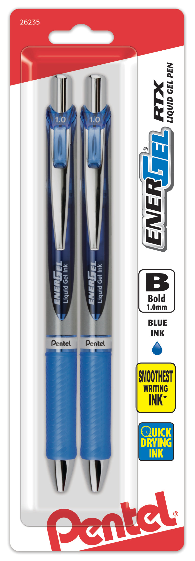 EnerGel RTX Retractable Liquid Gel Pen, (1.0mm) Metal Tip, Bold Line, Blue Ink 2-Pk (BL80BP2C)