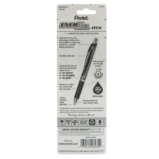 EnerGel RTX Retractable Liquid Gel Pen, (1.0mm) Metal Tip, Bold Line, Blue Ink 2-Pk (BL80BP2C)