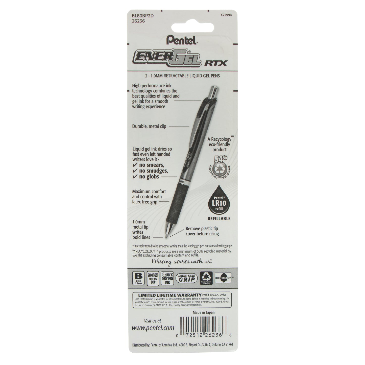 EnerGel RTX Retractable Liquid Gel Pen, (1.0mm) Metal Tip, Bold Line, Green Ink 2-Pk (BL80BP2D)