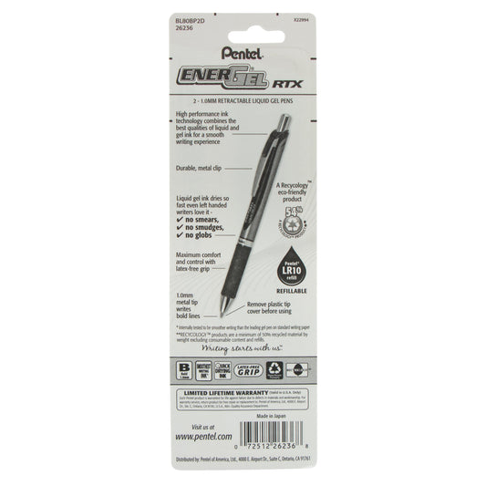 EnerGel RTX Retractable Liquid Gel Pen, (1.0mm) Metal Tip, Bold Line, Green Ink 2-Pk (BL80BP2D)