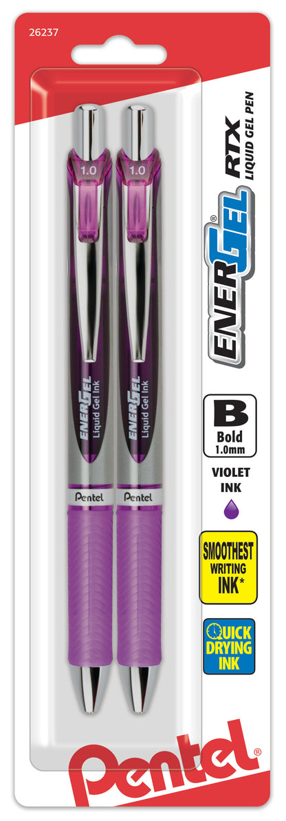 EnerGel RTX Retractable Liquid Gel Pen, (1.0mm) Metal Tip, Bold Line, Violet Ink 2-Pk (BL80BP2V)