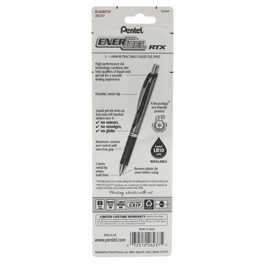 EnerGel RTX Retractable Liquid Gel Pen, (1.0mm) Metal Tip, Bold Line, Violet Ink 2-Pk (BL80BP2V)