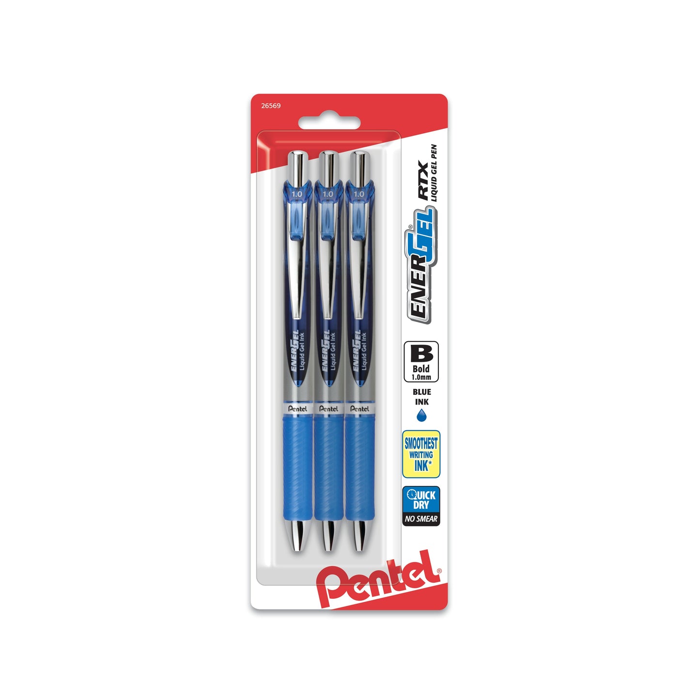 EnerGel RTX Retractable Liquid Gel Pen, (1.0mm) Metal Tip, Bold Line, Blue Ink 3-Pk (BL80BP3C)