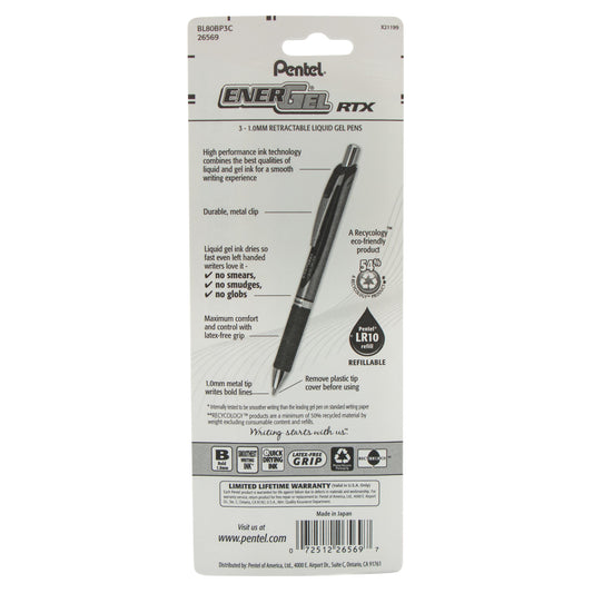 EnerGel RTX Retractable Liquid Gel Pen, (1.0mm) Metal Tip, Bold Line, Blue Ink 3-Pk (BL80BP3C)