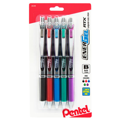 EnerGel RTX Retractable Liquid Gel Pen, (1.0mm) Metal Tip, Bold Line, Asstd Ink (A/B/C/D/V) 5-Pk (BL80BP5M)