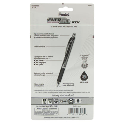 EnerGel RTX Retractable Liquid Gel Pen, (1.0mm) Metal Tip, Bold Line, Asstd Ink (A/B/C/D/V) 5-Pk (BL80BP5M)