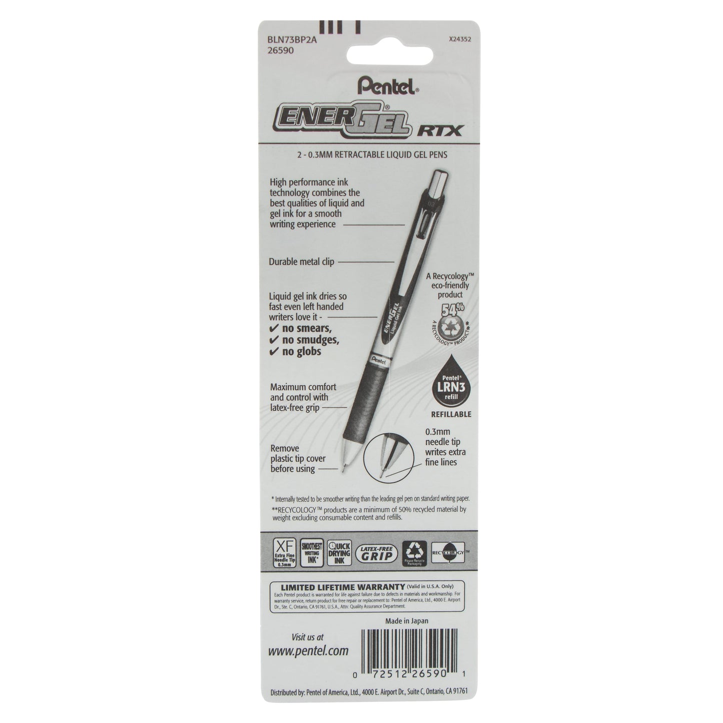 EnerGel RTX Retractable Liquid Gel Pen, (0.3mm) Needle Tip, Extra Fine Line, Black Ink, 2-Pk (BLN73BP2A)