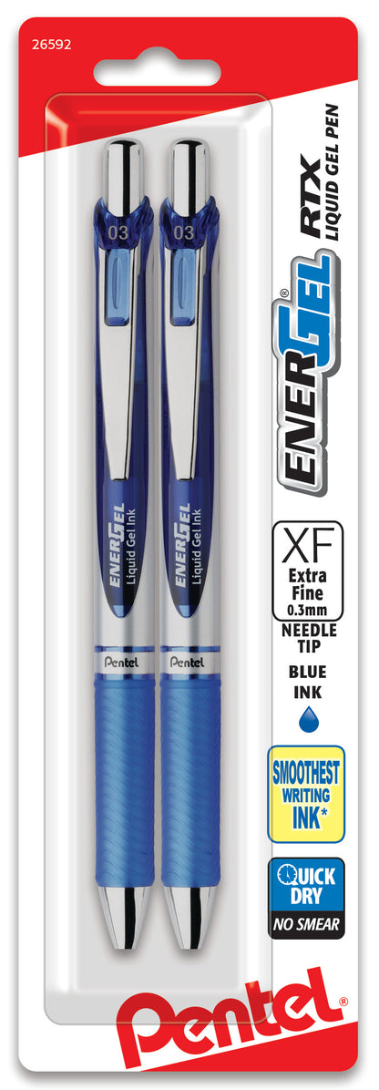 EnerGel RTX Retractable Liquid Gel Pen, (0.3mm) Needle Tip, Extra Fine Line, Blue Ink, 2-Pk (BLN73BP2C)