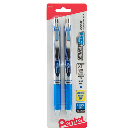 EnerGel RTX Retractable Liquid Gel Pen, (0.3mm) Needle Tip, Extra Fine Line, Blue Ink, 2-Pk (BLN73BP2C)