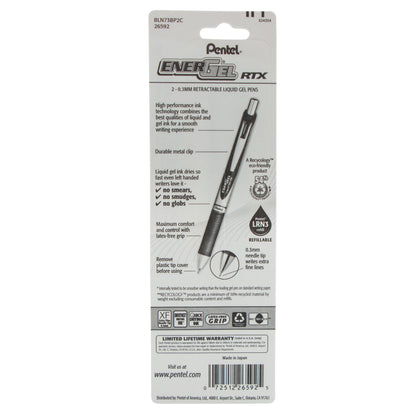 EnerGel RTX Retractable Liquid Gel Pen, (0.3mm) Needle Tip, Extra Fine Line, Blue Ink, 2-Pk (BLN73BP2C)