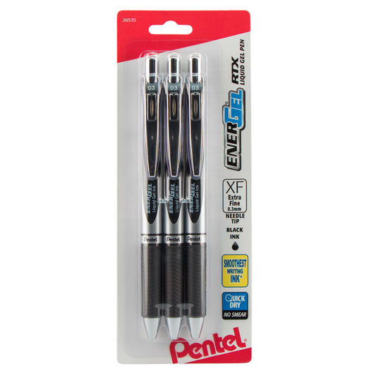 EnerGel RTX Retractable Liquid Gel Pen, (0.3mm) Needle Tip, Extra Fine Line, Black Ink, 3-Pk (BLN73BP3A)