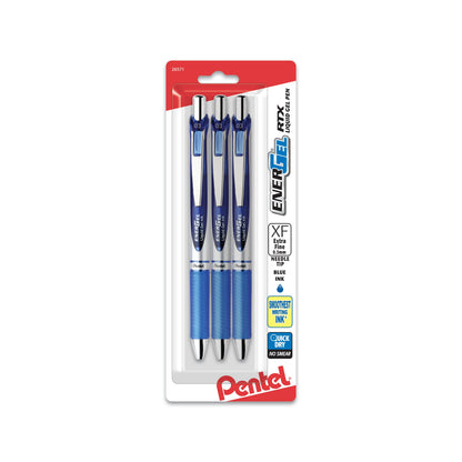 EnerGel RTX Retractable Liquid Gel Pen, (0.3mm) Needle Tip, Extra Fine Line, Blue Ink, 3-Pk (BLN73BP3C)