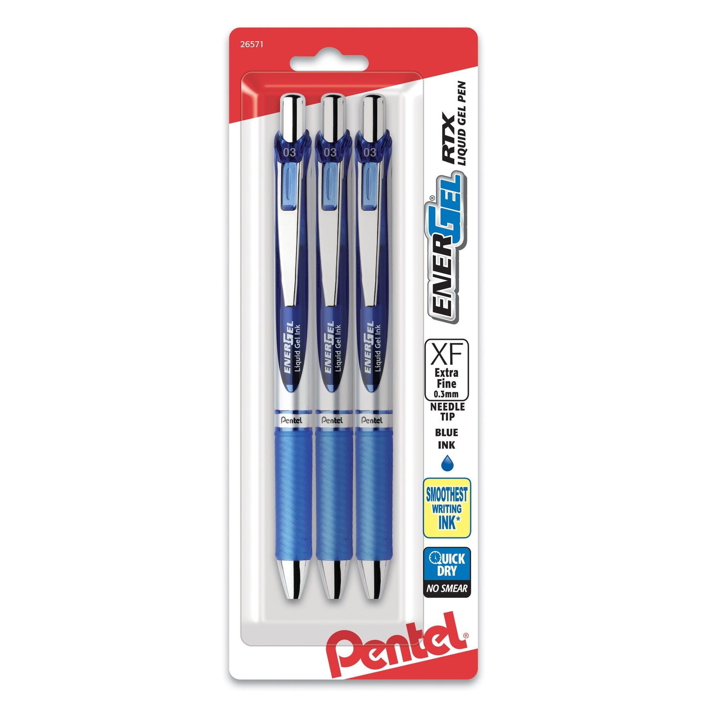 EnerGel RTX Retractable Liquid Gel Pen, (0.3mm) Needle Tip, Extra Fine Line, Blue Ink, 3-Pk (BLN73BP3C)