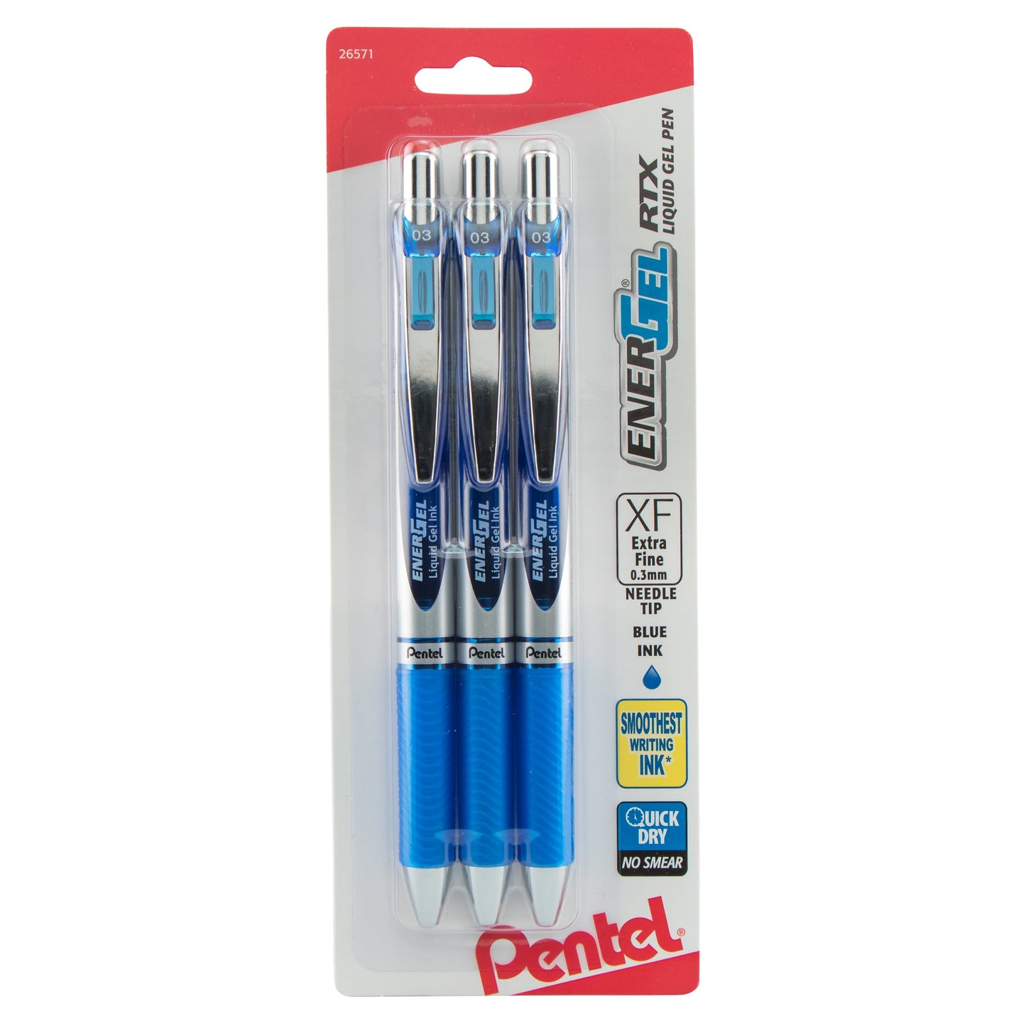 EnerGel RTX Retractable Liquid Gel Pen, (0.3mm) Needle Tip, Extra Fine Line, Blue Ink, 3-Pk (BLN73BP3C)