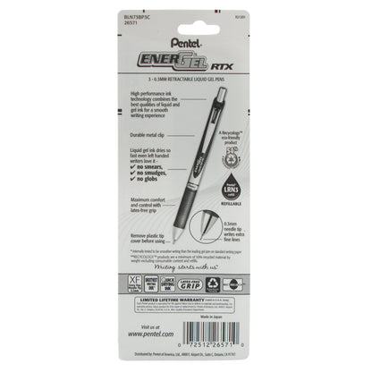 EnerGel RTX Retractable Liquid Gel Pen, (0.3mm) Needle Tip, Extra Fine Line, Blue Ink, 3-Pk (BLN73BP3C)