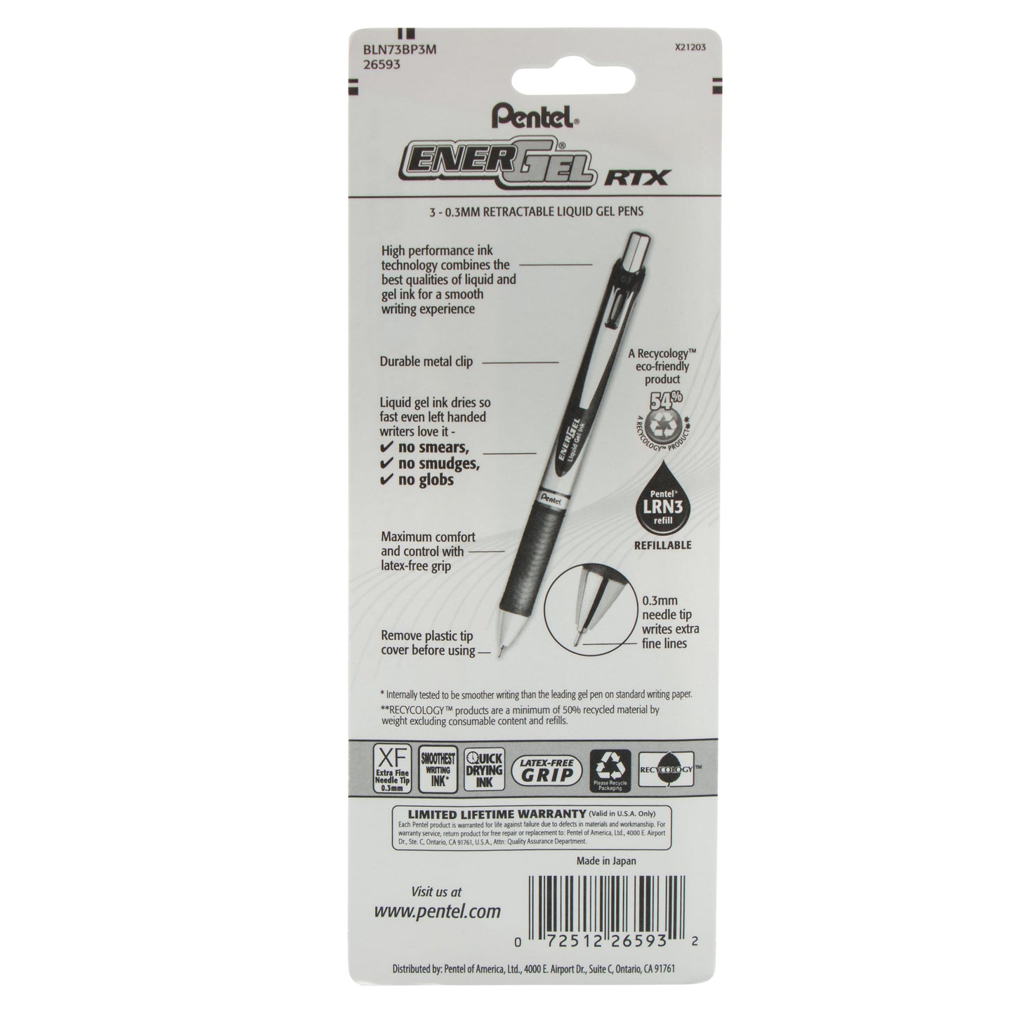 EnerGel RTX Retractable Liquid Gel Pen, (0.3mm) Needle Tip, Extra Fine Line, 
Assorted Ink (A/B/C), 3-Pk (BLN73BP3M)