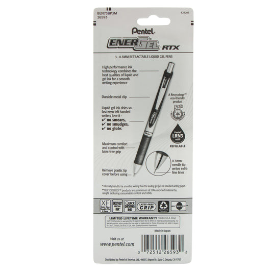 EnerGel RTX Retractable Liquid Gel Pen, (0.3mm) Needle Tip, Extra Fine Line, 
Assorted Ink (A/B/C), 3-Pk (BLN73BP3M)