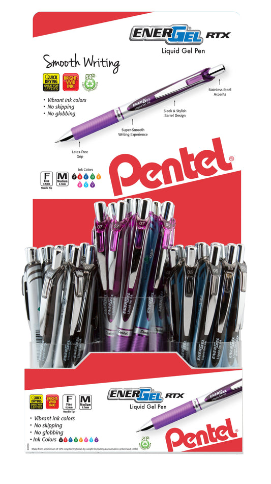 EnerGel RTX Retractable Liquid Gel Pen, (0.5mm) Needle Tip & (0.7mm) Metal Tip,Fine/Med. Line, Assorted Ink, Open, Stock Display - 60 Pieces (BLN757-6)
