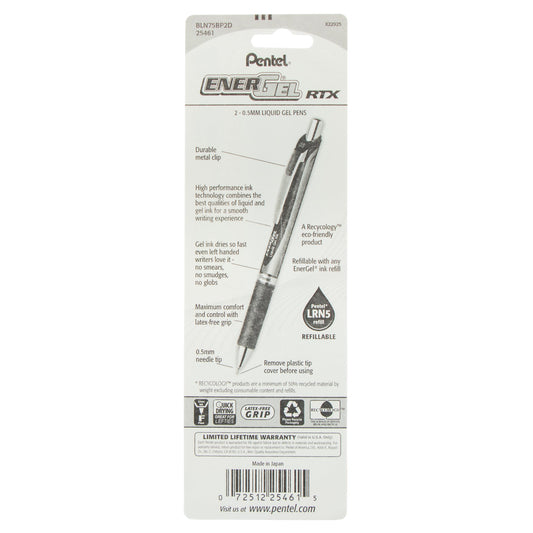 EnerGel RTX Retractable Liquid Gel Pen, (0.5mm) Needle Tip, Fine Line, Green Ink 2-Pk (BLN75BP2D)