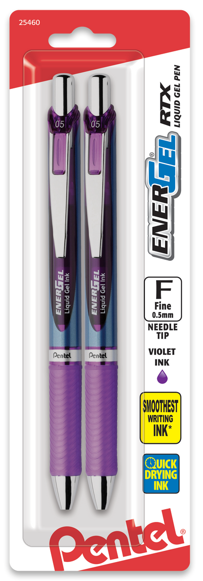 EnerGel RTX Retractable Liquid Gel Pen, (0.5mm) Needle Tip, Fine Line, Violet Ink 2-Pk (BLN75BP2V)