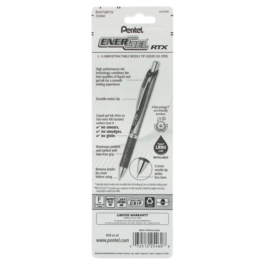 EnerGel RTX Retractable Liquid Gel Pen, (0.5mm) Needle Tip, Fine Line, Violet Ink 2-Pk (BLN75BP2V)