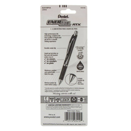 EnerGel RTX Retractable Liquid Gel Pen, (0.5mm) Needle Tip, Fine Line, Black Ink 3-Pk (BLN75BP3A)