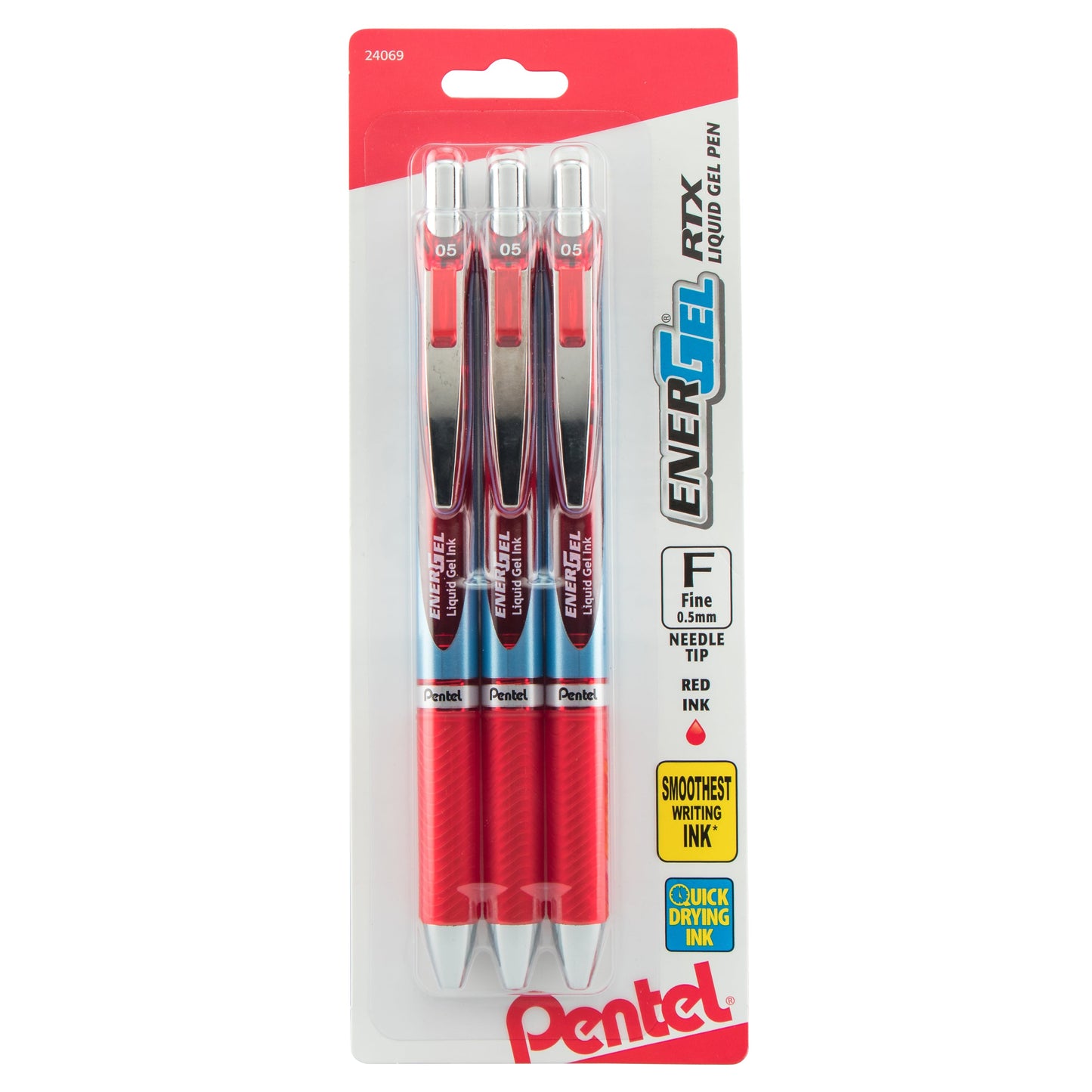 EnerGel RTX Retractable Liquid Gel Pen, (0.5mm) Needle Tip, Fine Line, Red Ink 3-Pk (BLN75BP3B)