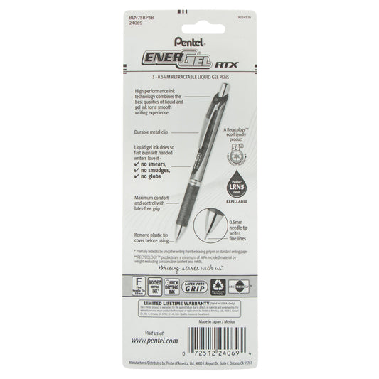 EnerGel RTX Retractable Liquid Gel Pen, (0.5mm) Needle Tip, Fine Line, Red Ink 3-Pk (BLN75BP3B)