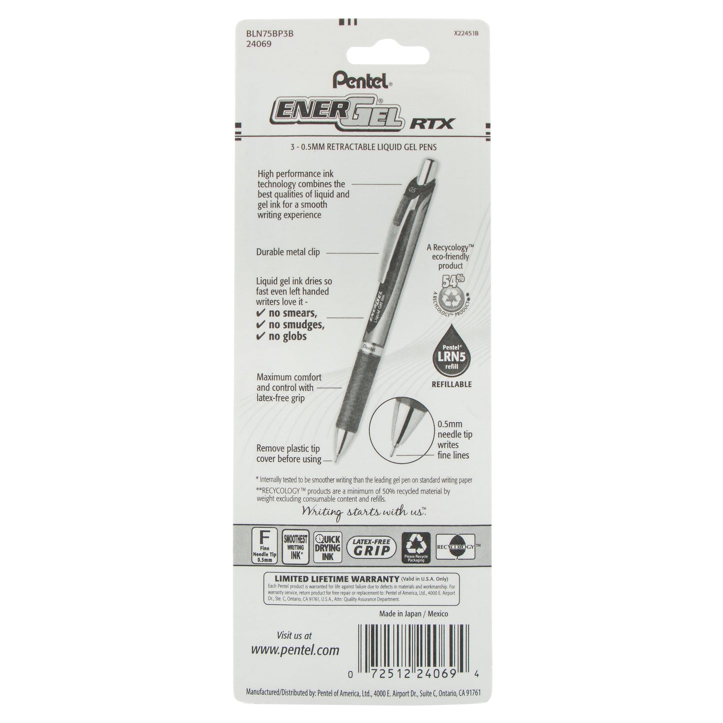 EnerGel RTX Retractable Liquid Gel Pen, (0.5mm) Needle Tip, Fine Line, Red Ink 3-Pk (BLN75BP3B)